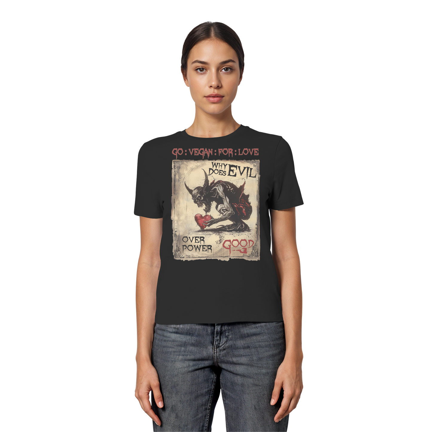 vegwear "why does evil" - eng geschnittenes Damen Bio T-Shirt