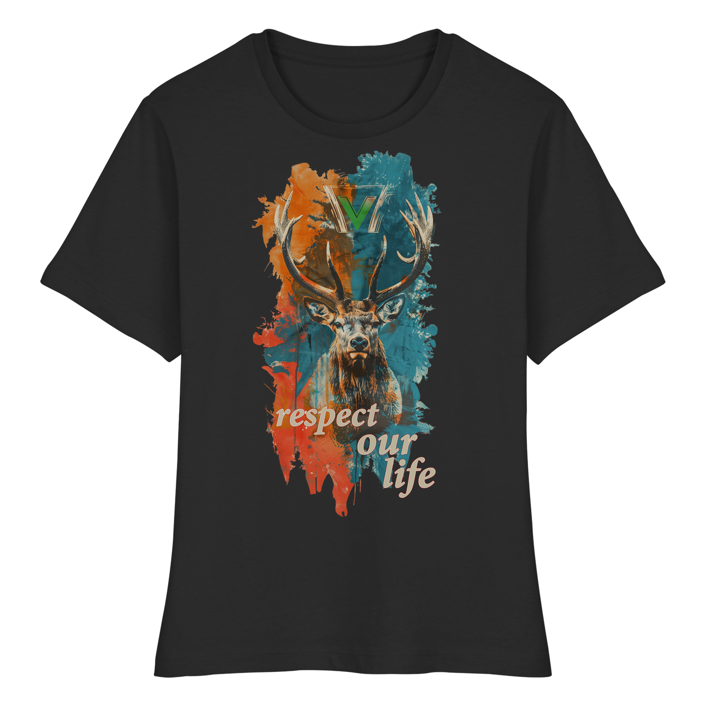 vegwear "respect our life - Hirsch" - eng geschnittenes Damen T-Shirt, bio, vegan, fair