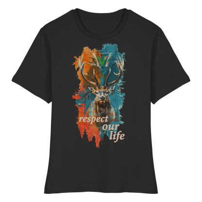 vegwear "respect our life - Hirsch" - eng geschnittenes Damen T-Shirt, bio, vegan, fair