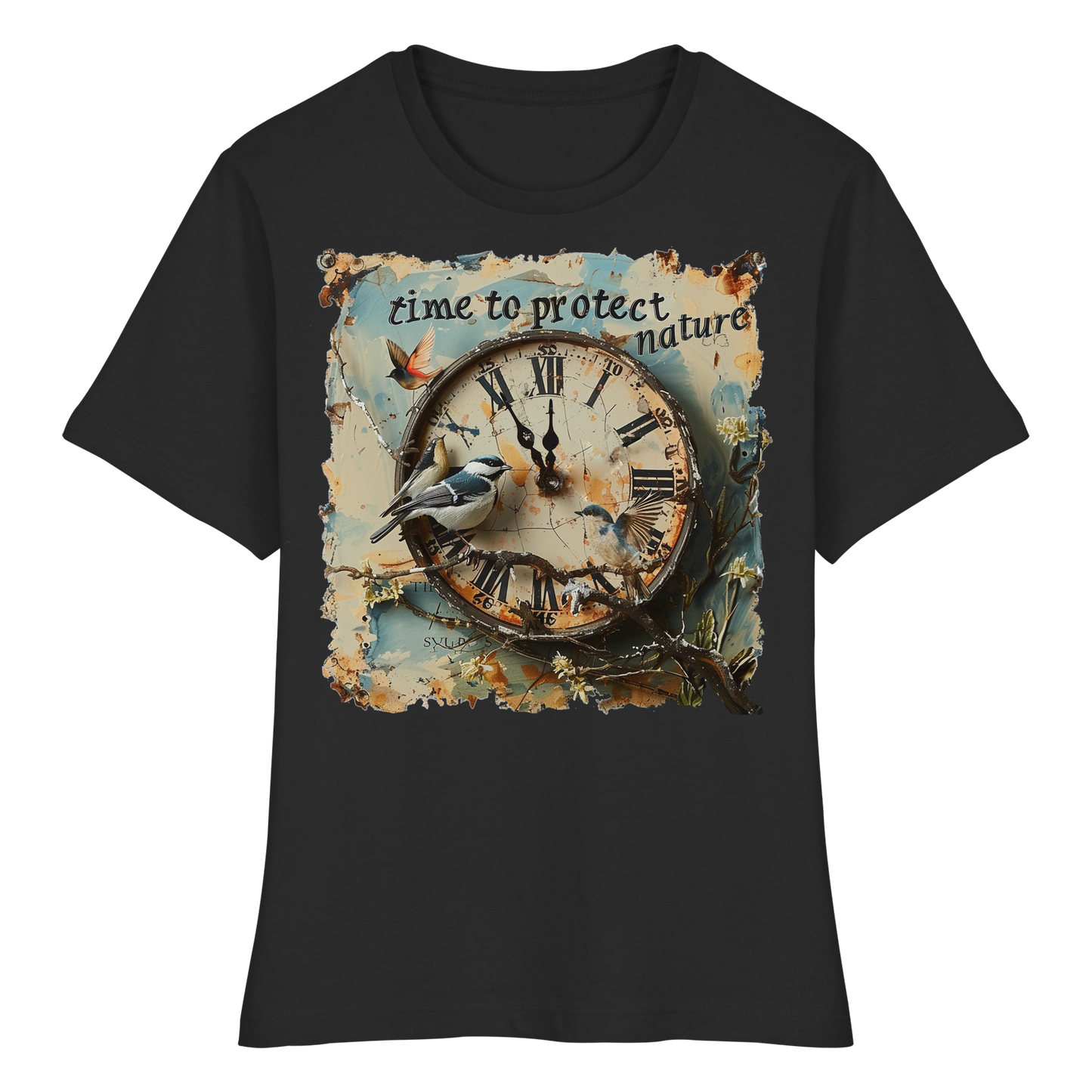 vegwear "time to protect nature" - eng geschnittenes Damen T-Shirt, nachhaltige Mode