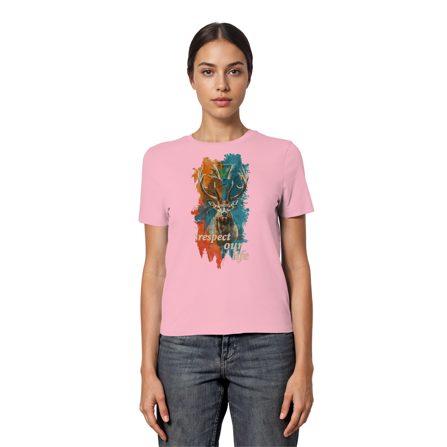 vegwear "respect our life - Hirsch" - eng geschnittenes Damen T-Shirt, bio, vegan, fair