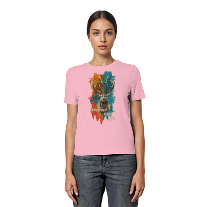 vegwear "respect our life - Hirsch" - eng geschnittenes Damen T-Shirt, bio, vegan, fair
