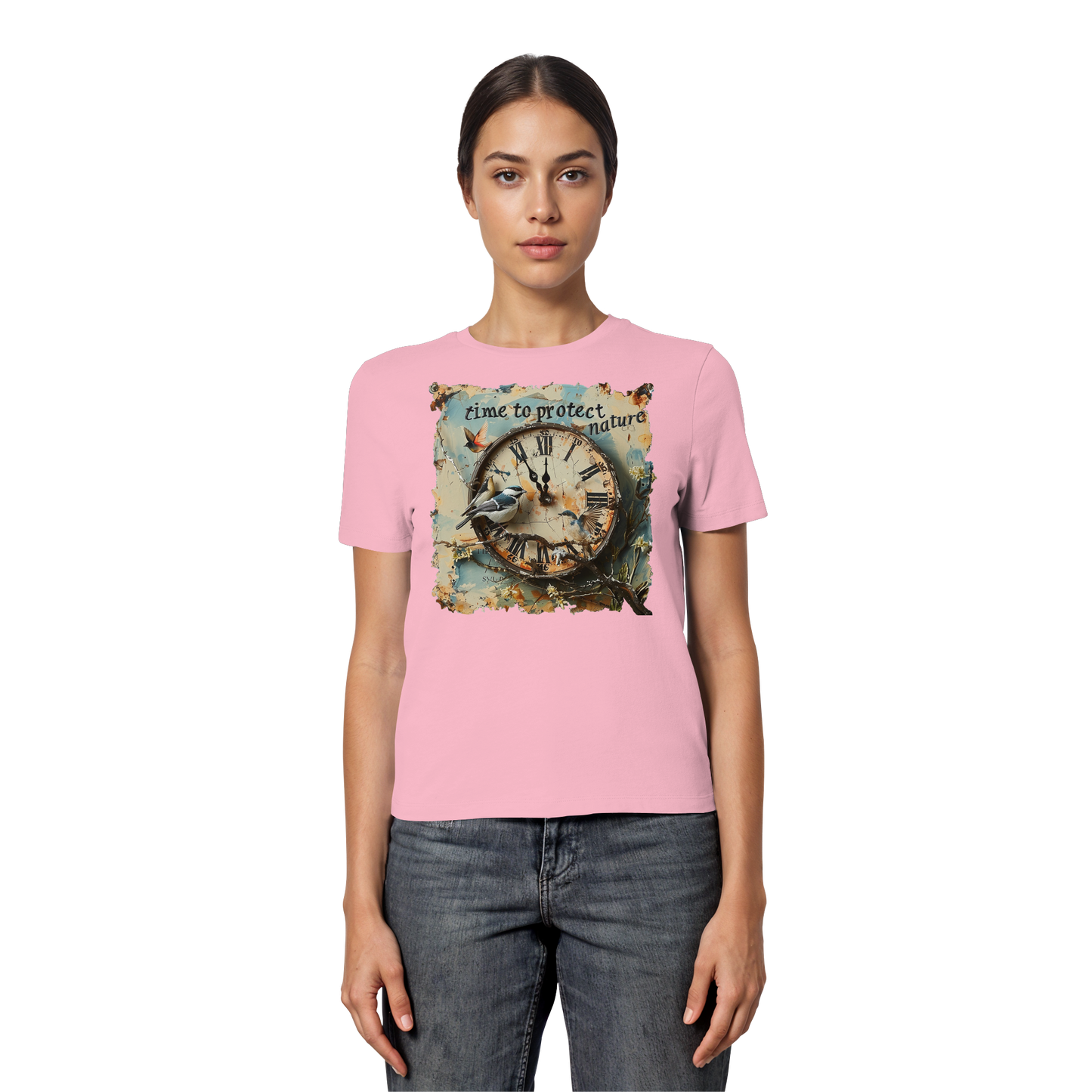 vegwear "time to protect nature" - eng geschnittenes Damen T-Shirt, nachhaltige Mode
