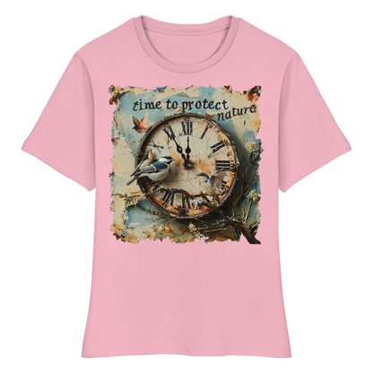 vegwear "time to protect nature" - eng geschnittenes Damen T-Shirt, nachhaltige Mode