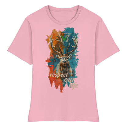 vegwear "respect our life - Hirsch" - eng geschnittenes Damen T-Shirt, bio, vegan, fair