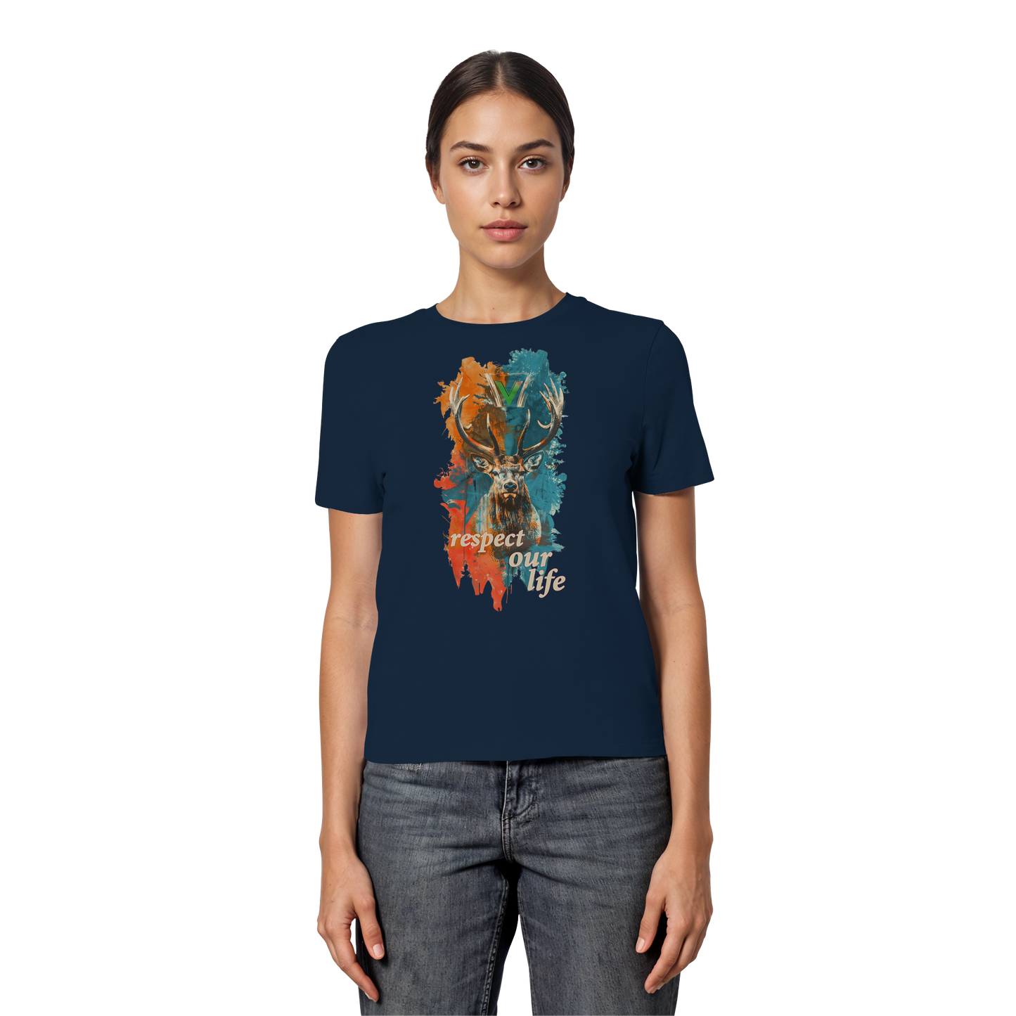 vegwear "respect our life - Hirsch" - eng geschnittenes Damen T-Shirt, bio, vegan, fair