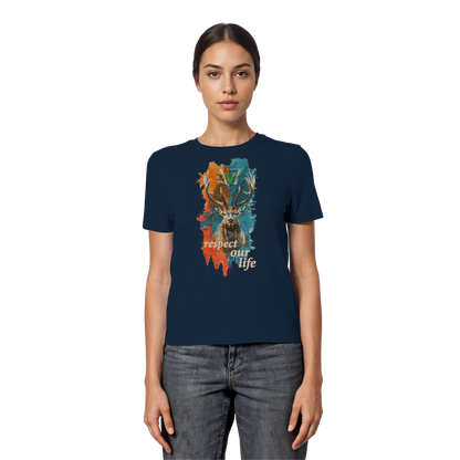 vegwear "respect our life - Hirsch" - eng geschnittenes Damen T-Shirt, bio, vegan, fair
