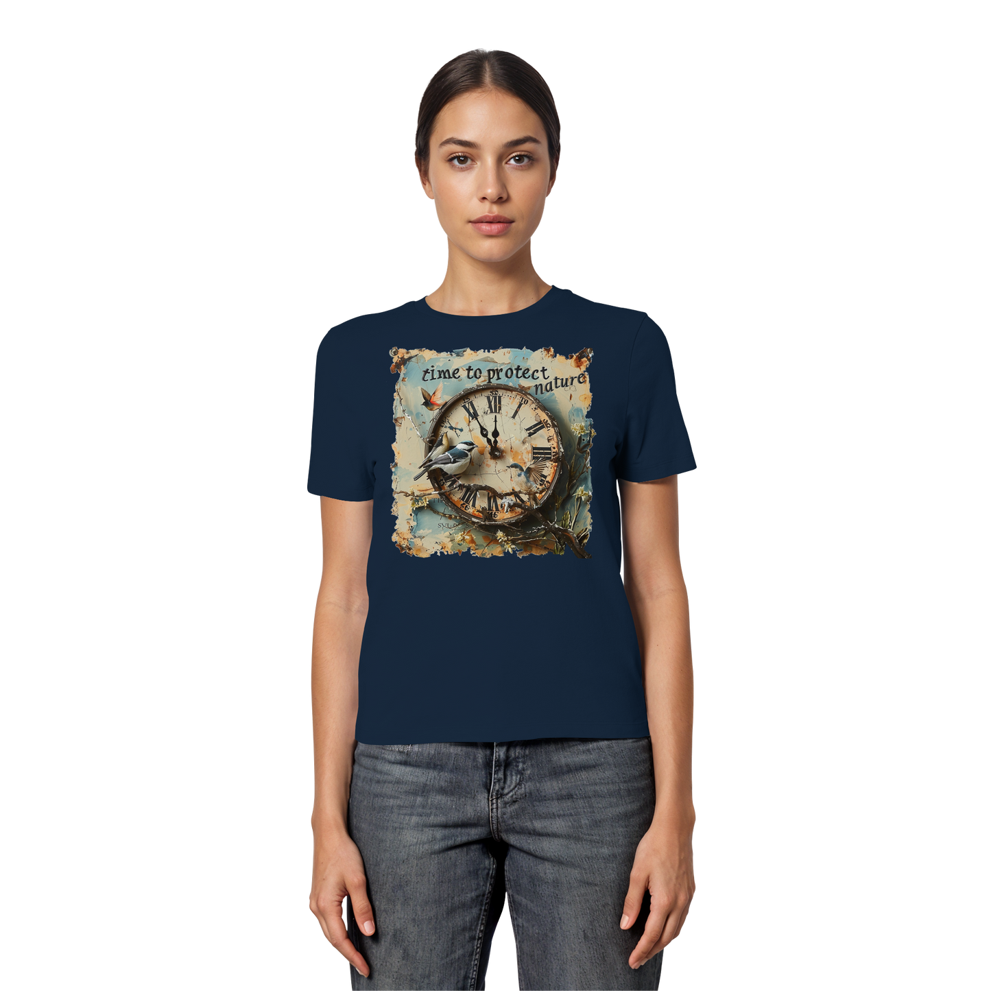 vegwear "time to protect nature" - eng geschnittenes Damen T-Shirt, nachhaltige Mode