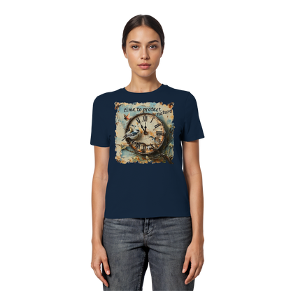 vegwear "time to protect nature" - eng geschnittenes Damen T-Shirt, nachhaltige Mode
