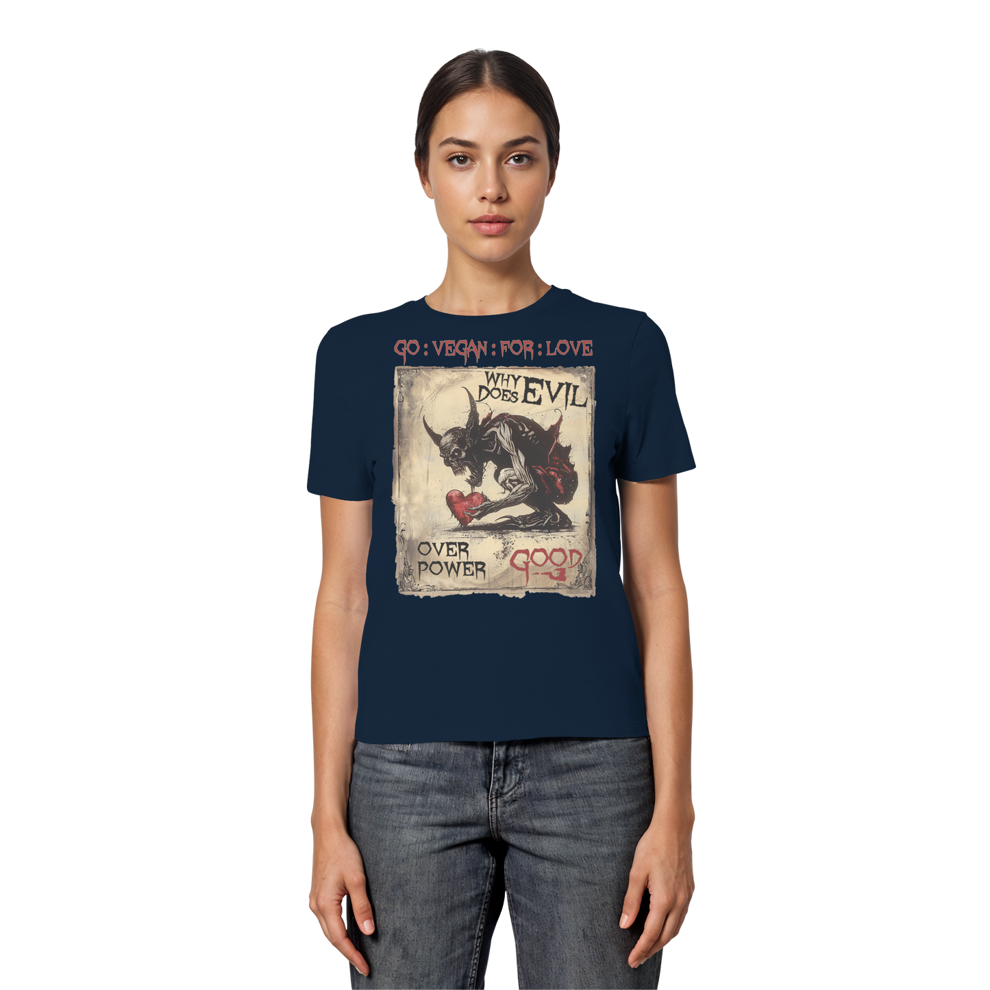 vegwear "why does evil" - eng geschnittenes Damen Bio T-Shirt