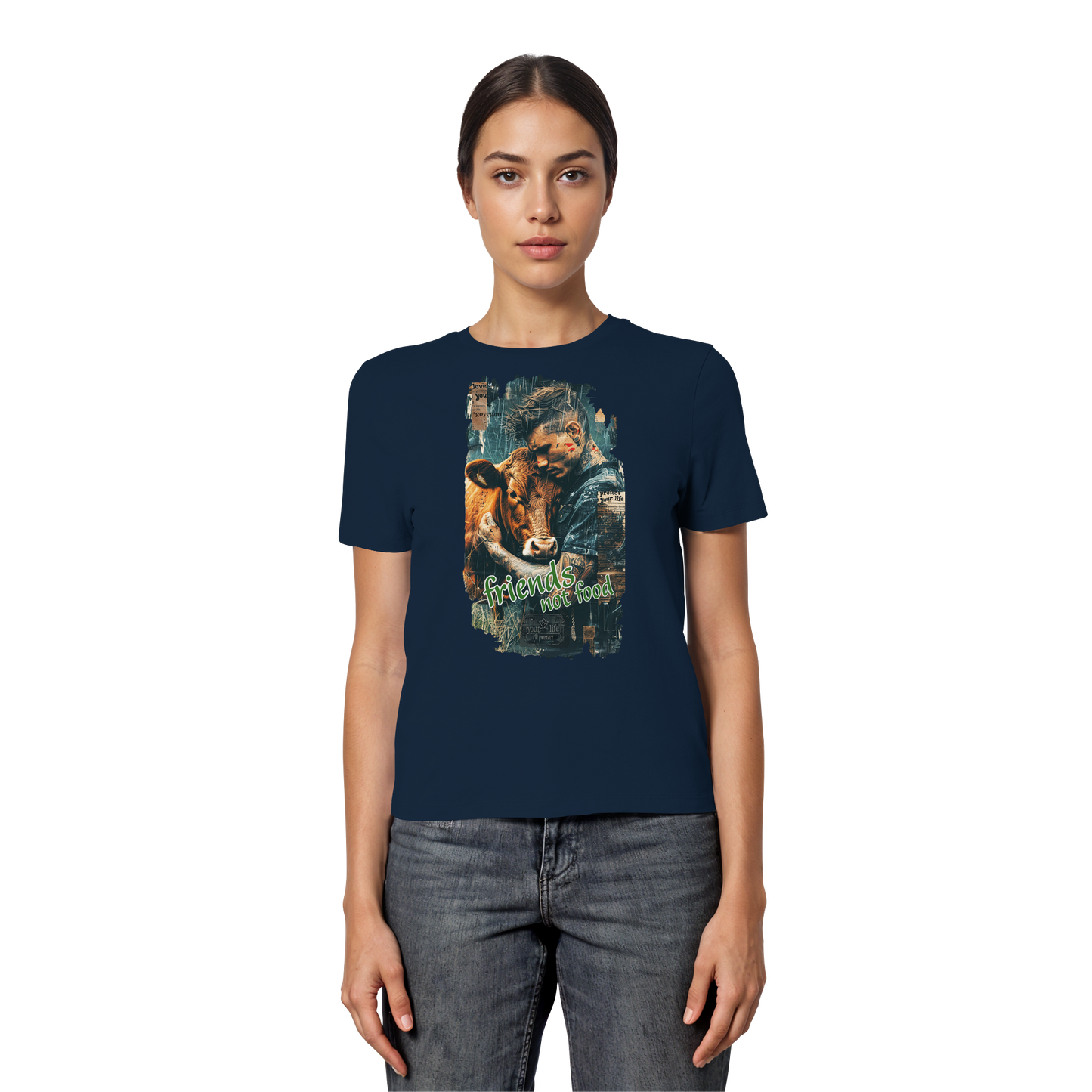 vegwear "friends not food" - eng geschnittenes Damen T-Shirt, bio, vegan