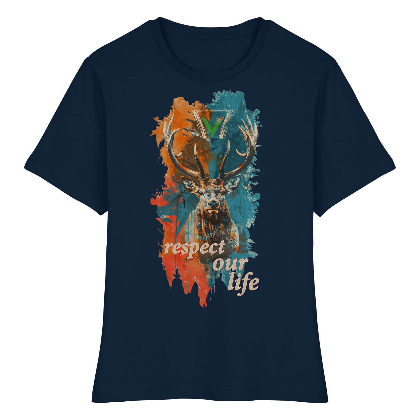 vegwear "respect our life - Hirsch" - eng geschnittenes Damen T-Shirt, bio, vegan, fair
