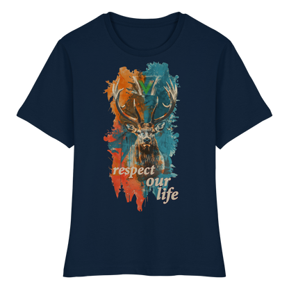 vegwear "respect our life - Hirsch" - eng geschnittenes Damen T-Shirt, bio, vegan, fair