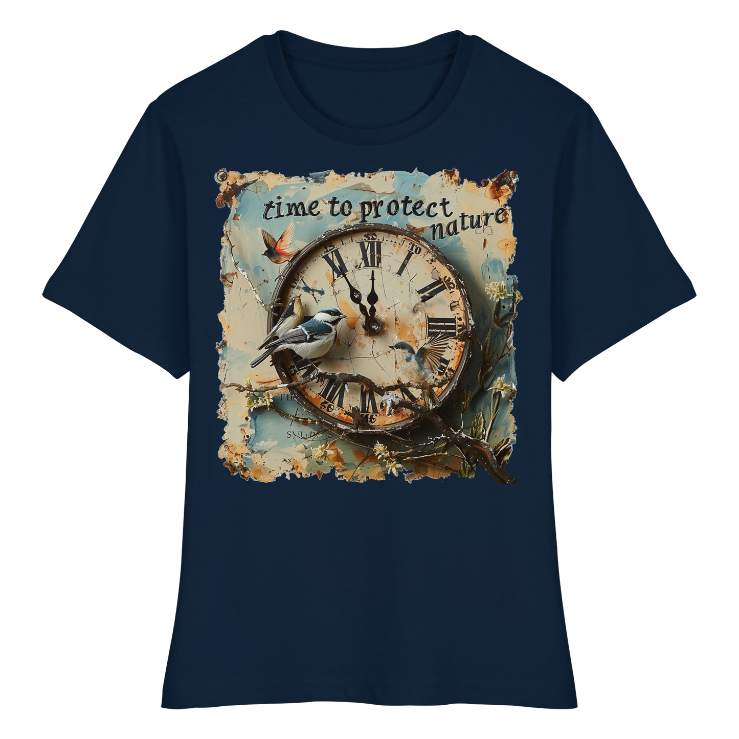 vegwear "time to protect nature" - eng geschnittenes Damen T-Shirt, nachhaltige Mode