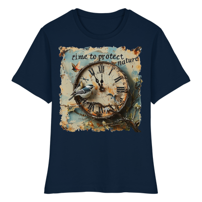 vegwear "time to protect nature" - eng geschnittenes Damen T-Shirt, nachhaltige Mode