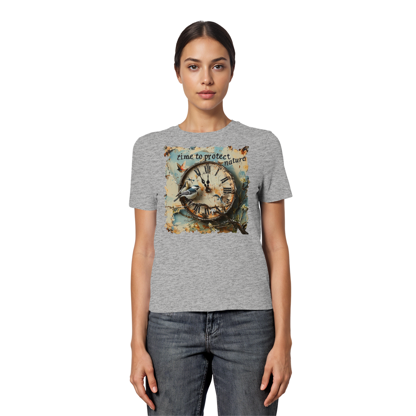 vegwear "time to protect nature" - eng geschnittenes Damen T-Shirt, nachhaltige Mode