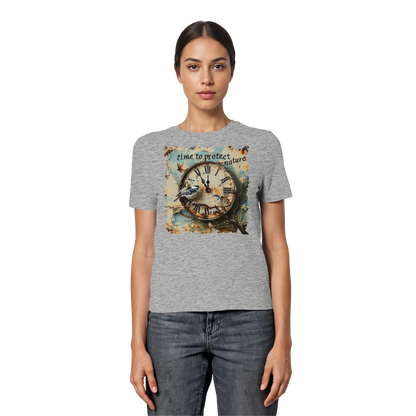 vegwear "time to protect nature" - eng geschnittenes Damen T-Shirt, nachhaltige Mode