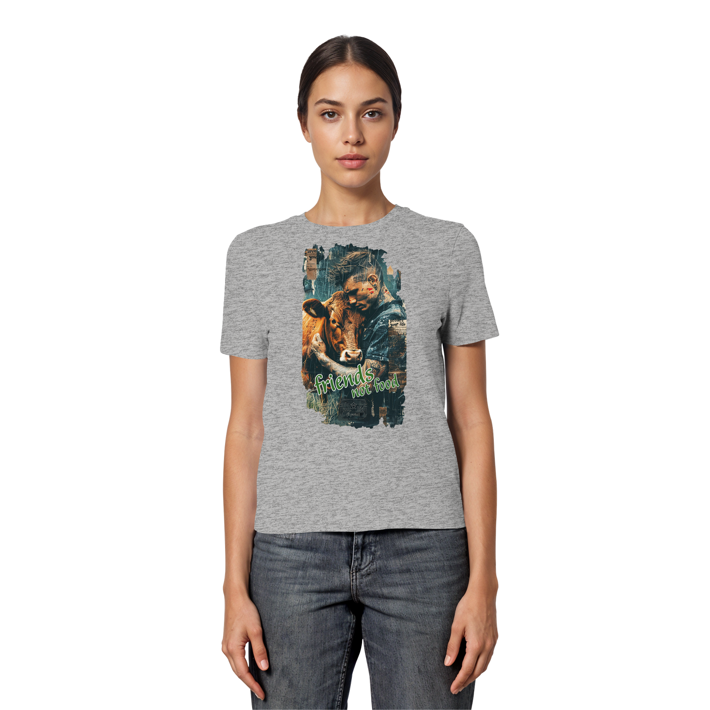 vegwear "friends not food" - eng geschnittenes Damen T-Shirt, bio, vegan