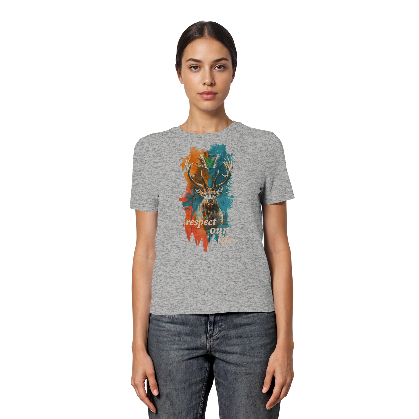 vegwear "respect our life - Hirsch" - eng geschnittenes Damen T-Shirt, bio, vegan, fair