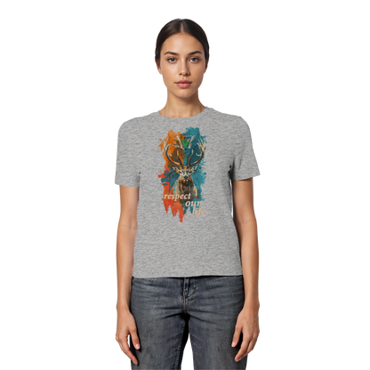 vegwear "respect our life - Hirsch" - eng geschnittenes Damen T-Shirt, bio, vegan, fair