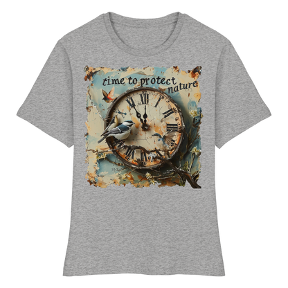 vegwear "time to protect nature" - eng geschnittenes Damen T-Shirt, nachhaltige Mode