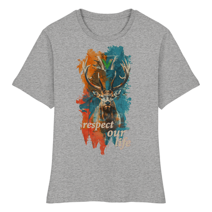 vegwear "respect our life - Hirsch" - eng geschnittenes Damen T-Shirt, bio, vegan, fair