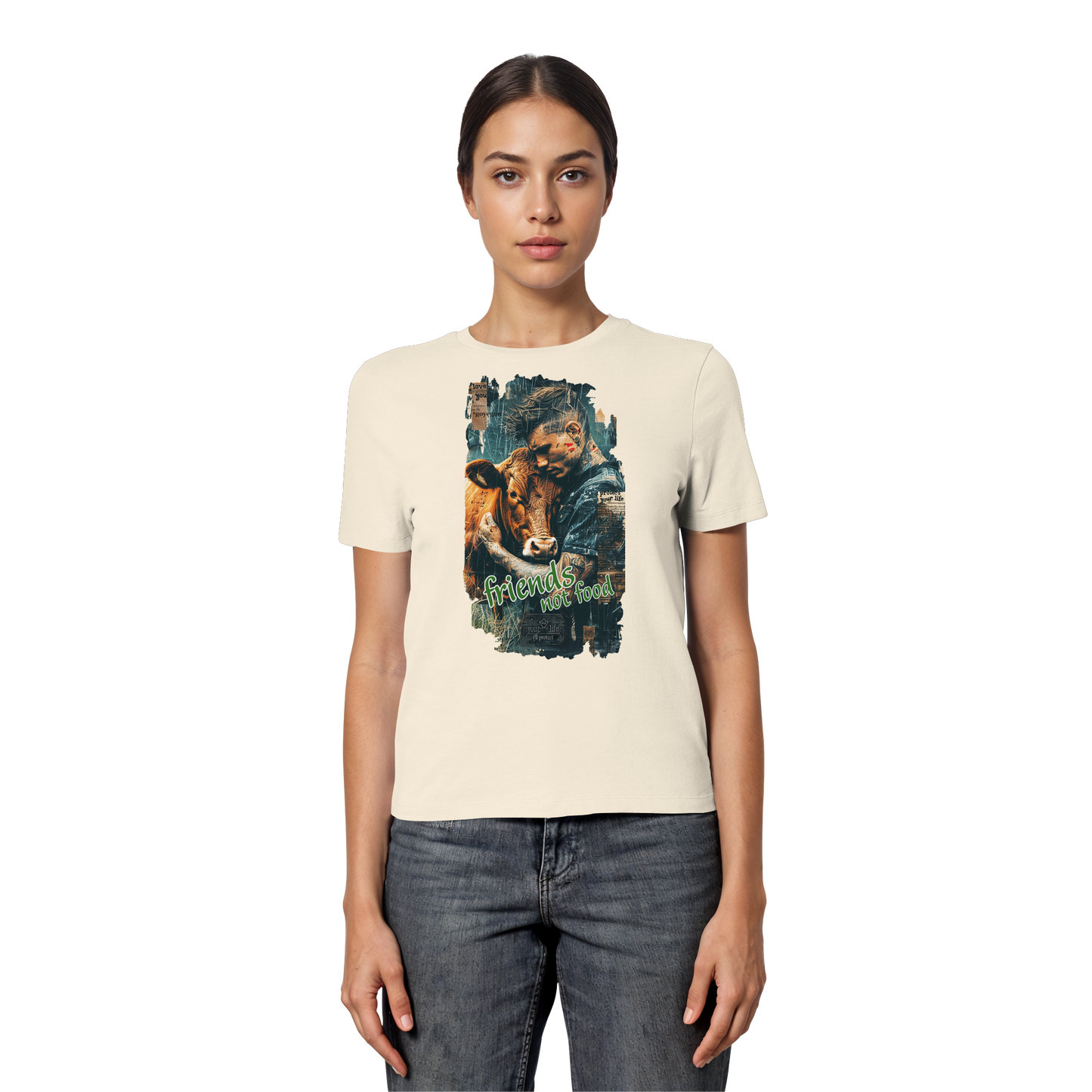 vegwear "friends not food" - eng geschnittenes Damen T-Shirt, bio, vegan