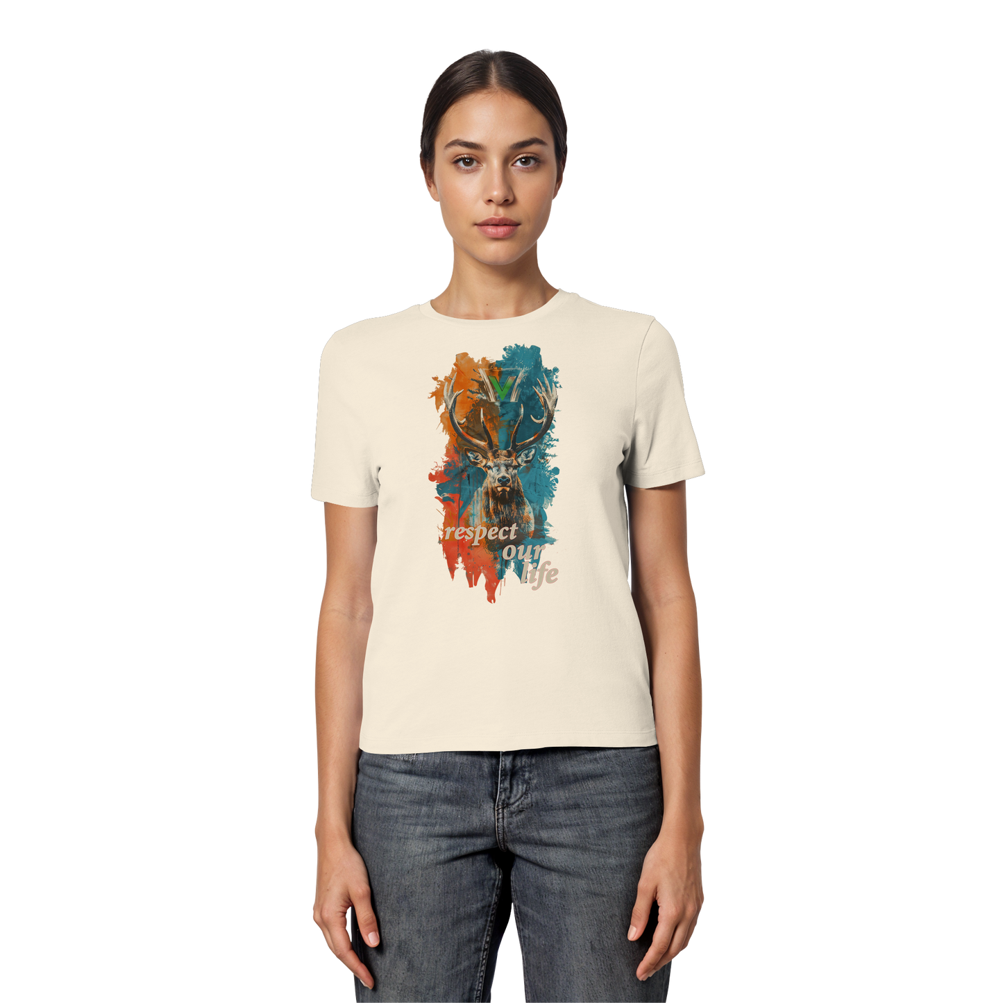vegwear "respect our life - Hirsch" - eng geschnittenes Damen T-Shirt, bio, vegan, fair