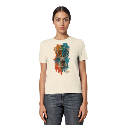 vegwear "respect our life - Hirsch" - eng geschnittenes Damen T-Shirt, bio, vegan, fair