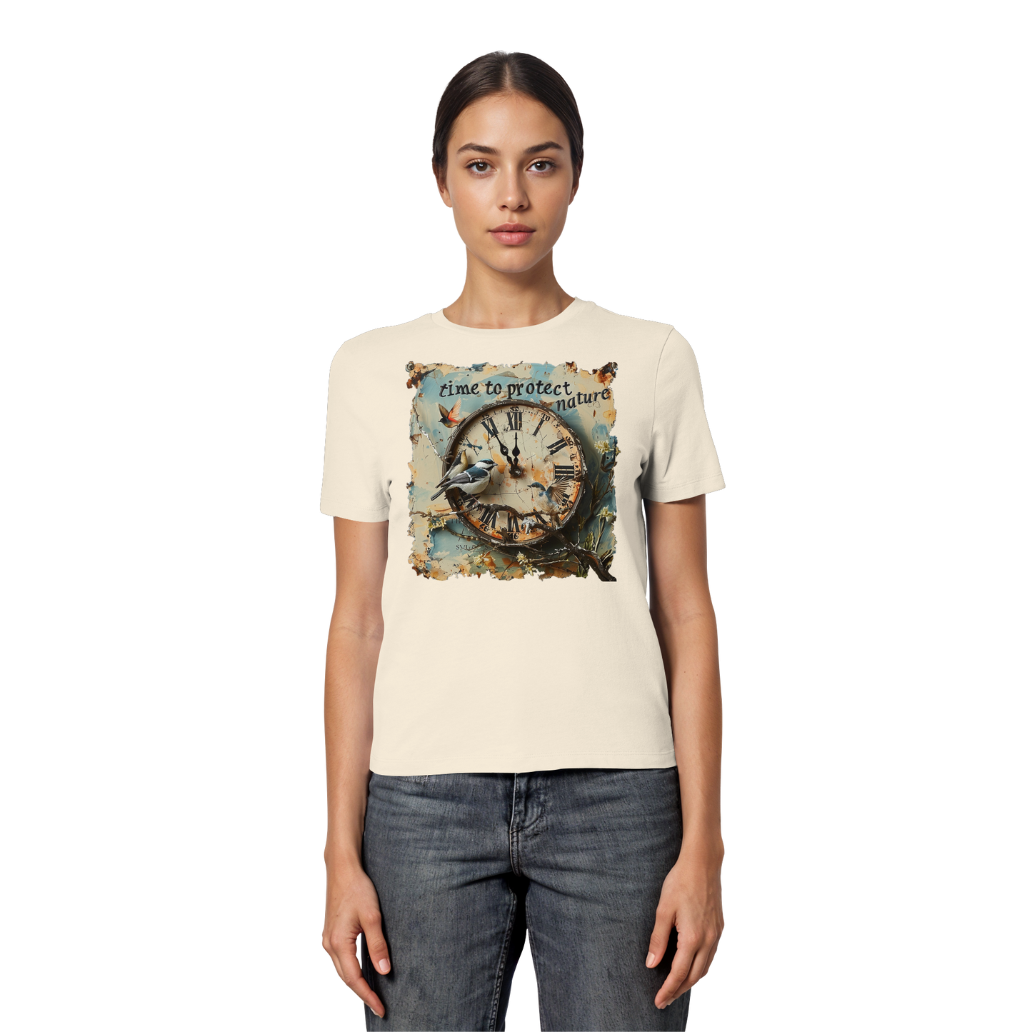 vegwear "time to protect nature" - eng geschnittenes Damen T-Shirt, nachhaltige Mode