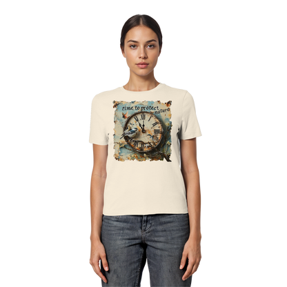 vegwear "time to protect nature" - eng geschnittenes Damen T-Shirt, nachhaltige Mode