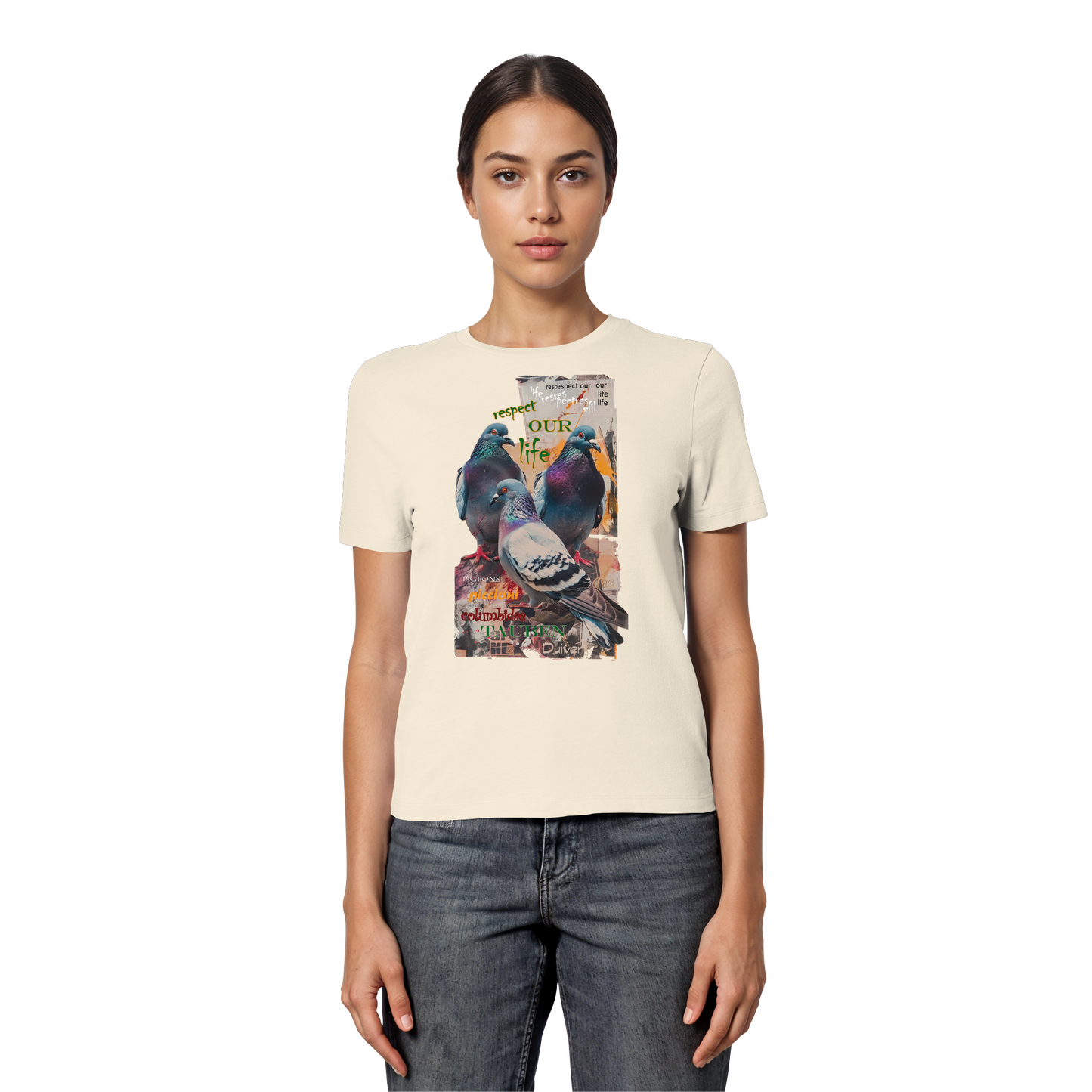 vegwear "respect our life - Tauben" - eng geschnittenes Damen Bio T-Shirt