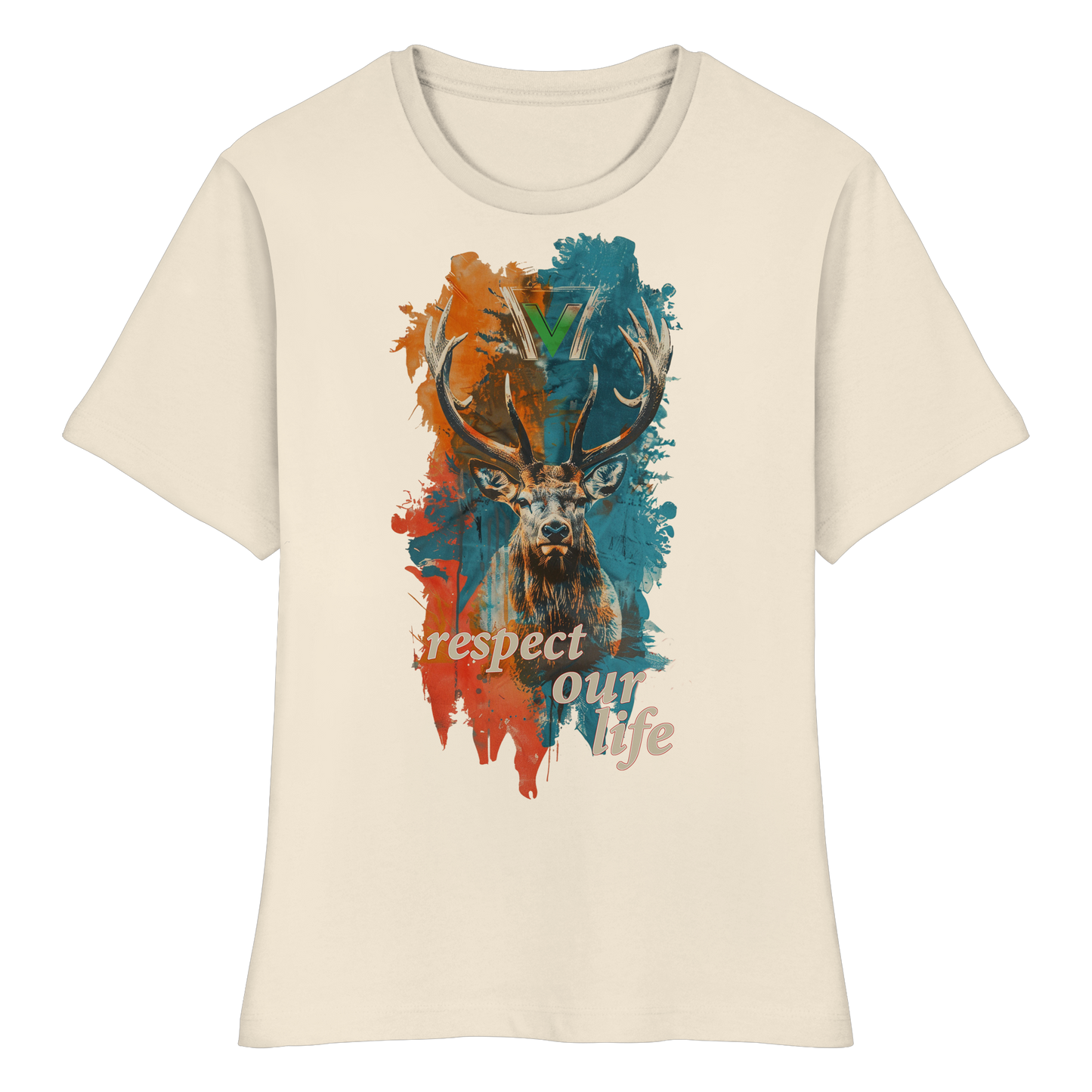 vegwear "respect our life - Hirsch" - eng geschnittenes Damen T-Shirt, bio, vegan, fair