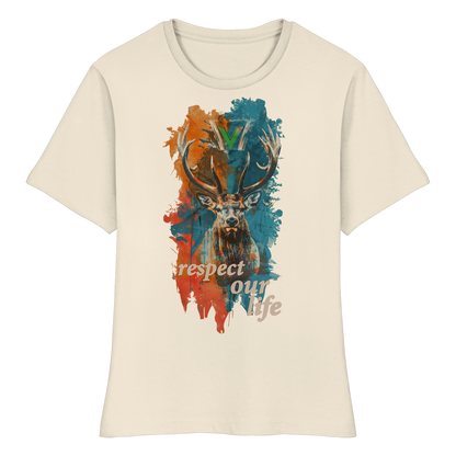 vegwear "respect our life - Hirsch" - eng geschnittenes Damen T-Shirt, bio, vegan, fair