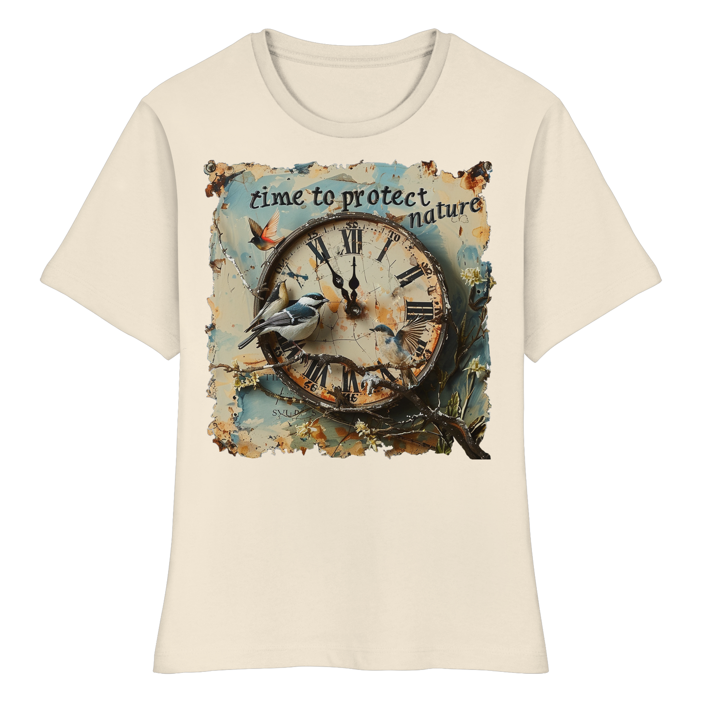 vegwear "time to protect nature" - eng geschnittenes Damen T-Shirt, nachhaltige Mode