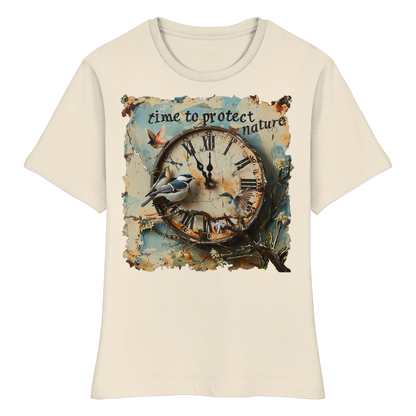 vegwear "time to protect nature" - eng geschnittenes Damen T-Shirt, nachhaltige Mode