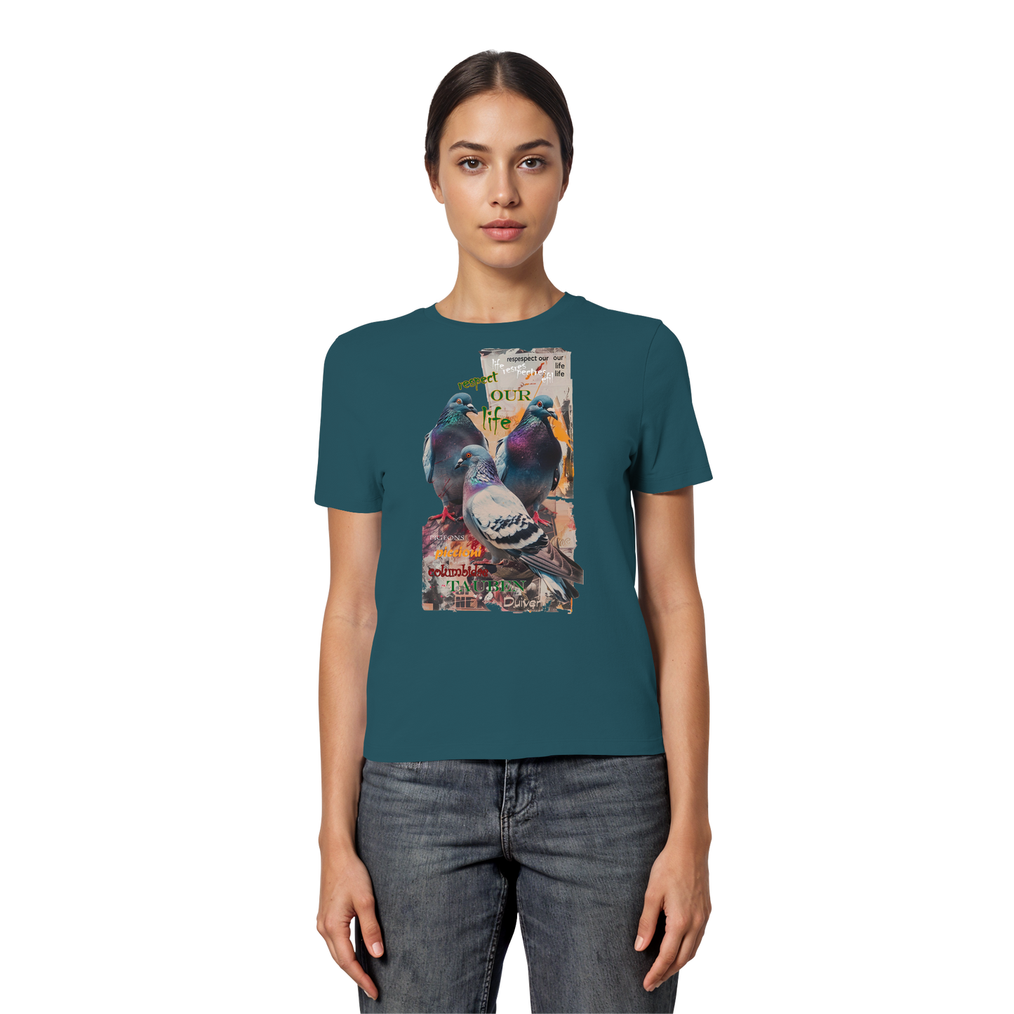 vegwear "respect our life - Tauben" - eng geschnittenes Damen Bio T-Shirt