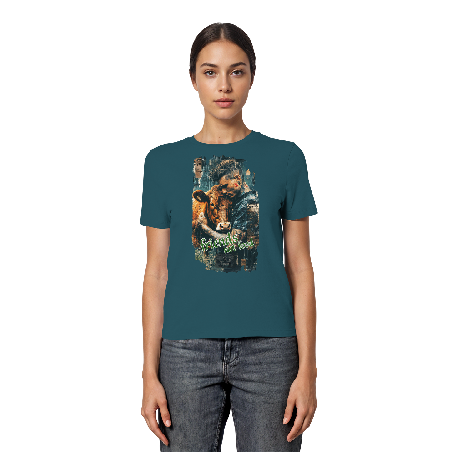 vegwear "friends not food" - eng geschnittenes Damen T-Shirt, bio, vegan