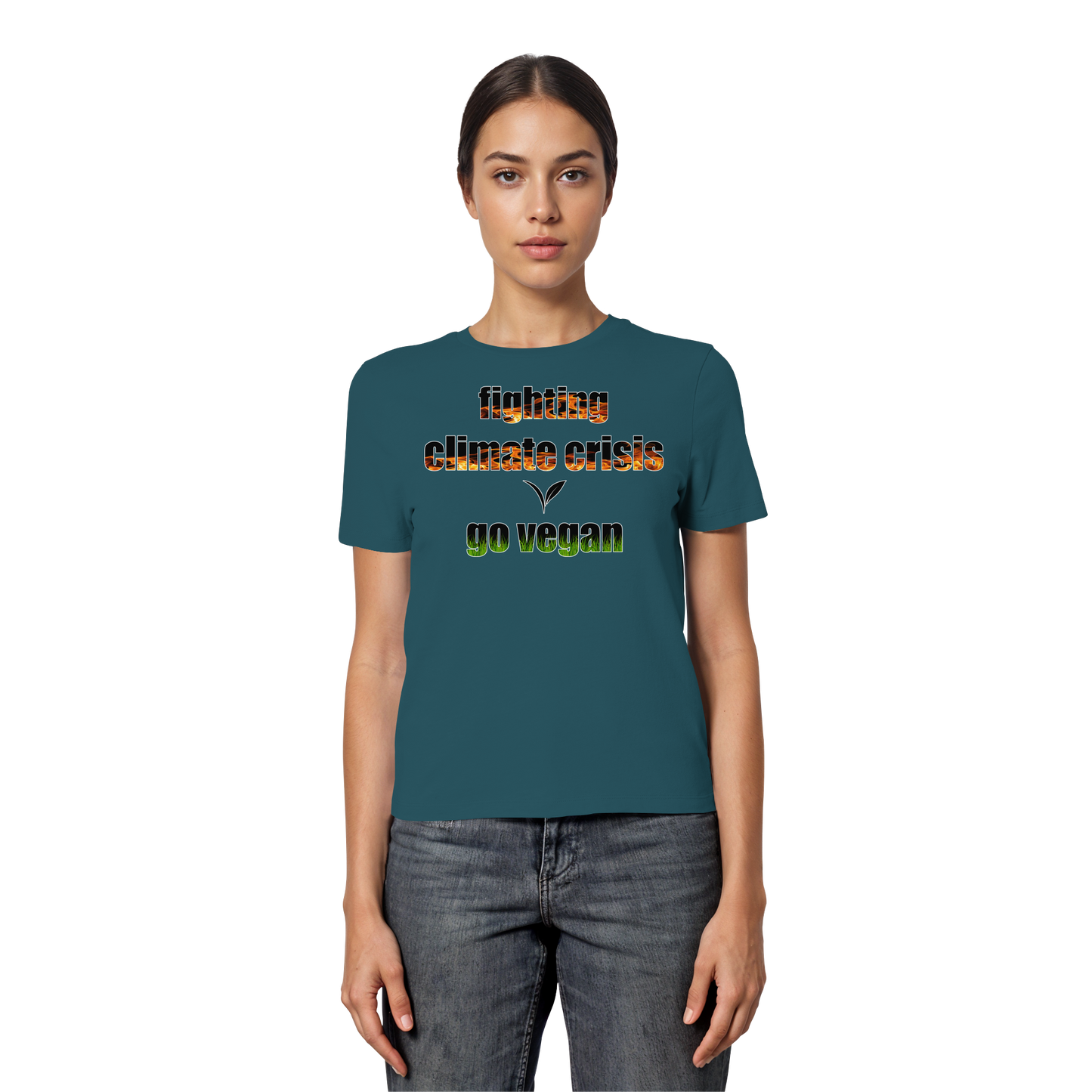 vegwear "fighting climate cirsis" - eng geschnittenes Damen Bio T-Shirt vegan & klimafreundlich