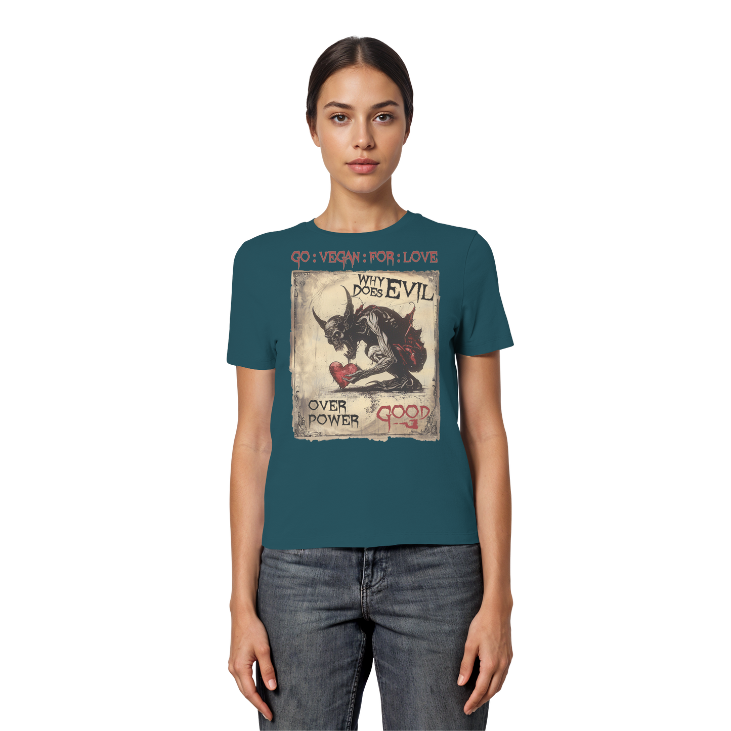 vegwear "why does evil" - eng geschnittenes Damen Bio T-Shirt