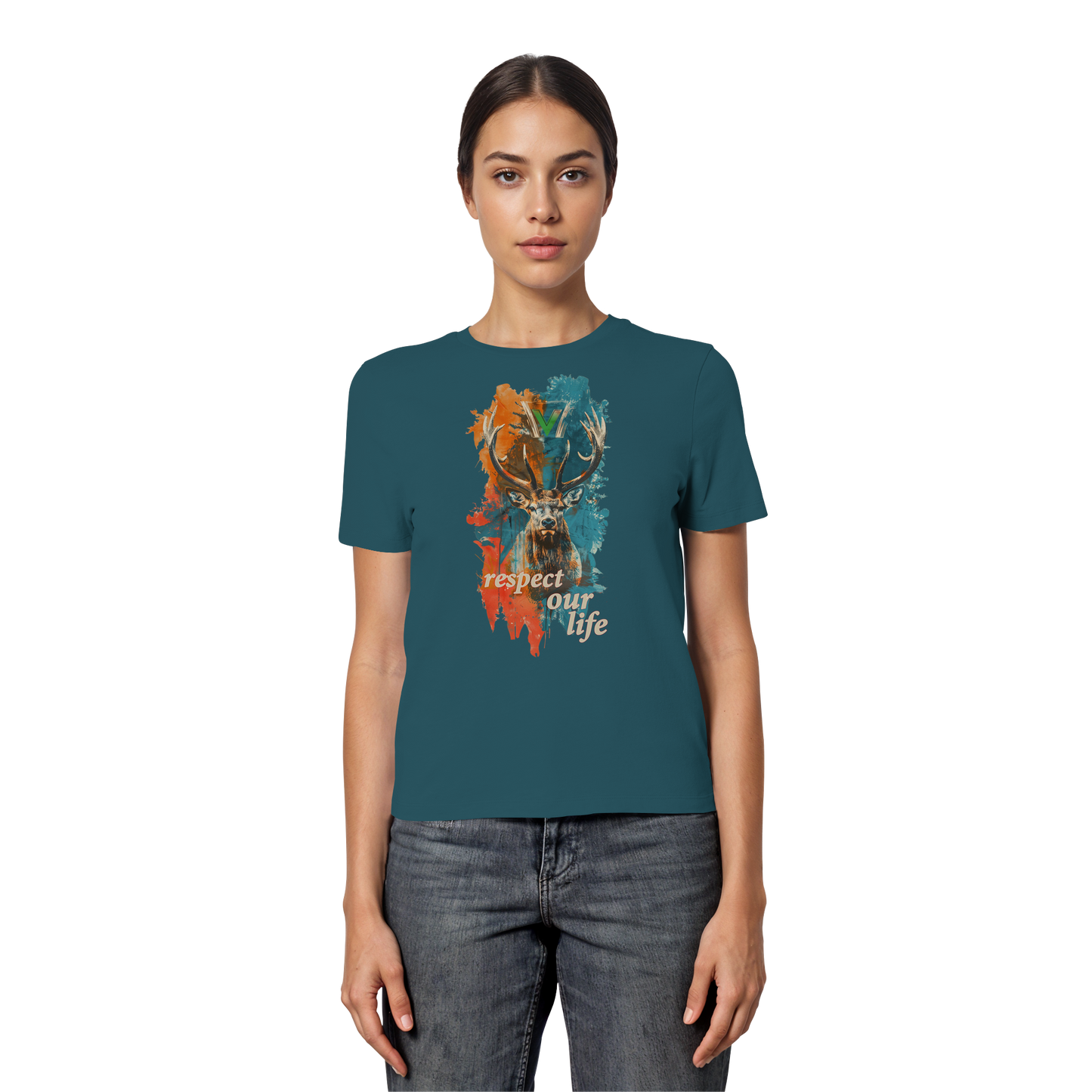 vegwear "respect our life - Hirsch" - eng geschnittenes Damen T-Shirt, bio, vegan, fair