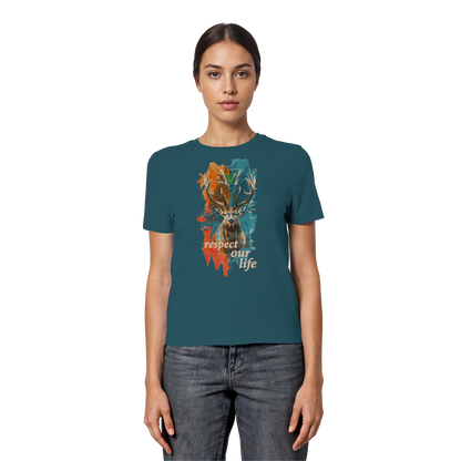 vegwear "respect our life - Hirsch" - eng geschnittenes Damen T-Shirt, bio, vegan, fair