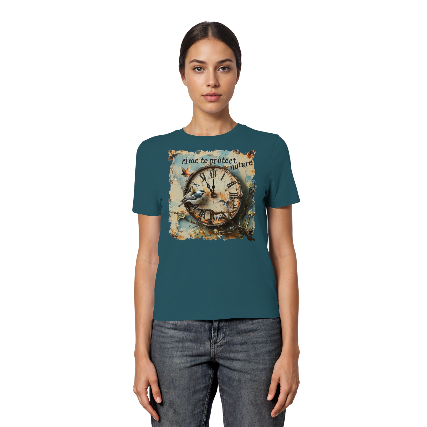 vegwear "time to protect nature" - eng geschnittenes Damen T-Shirt, nachhaltige Mode