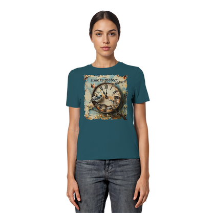 vegwear "time to protect nature" - eng geschnittenes Damen T-Shirt, nachhaltige Mode