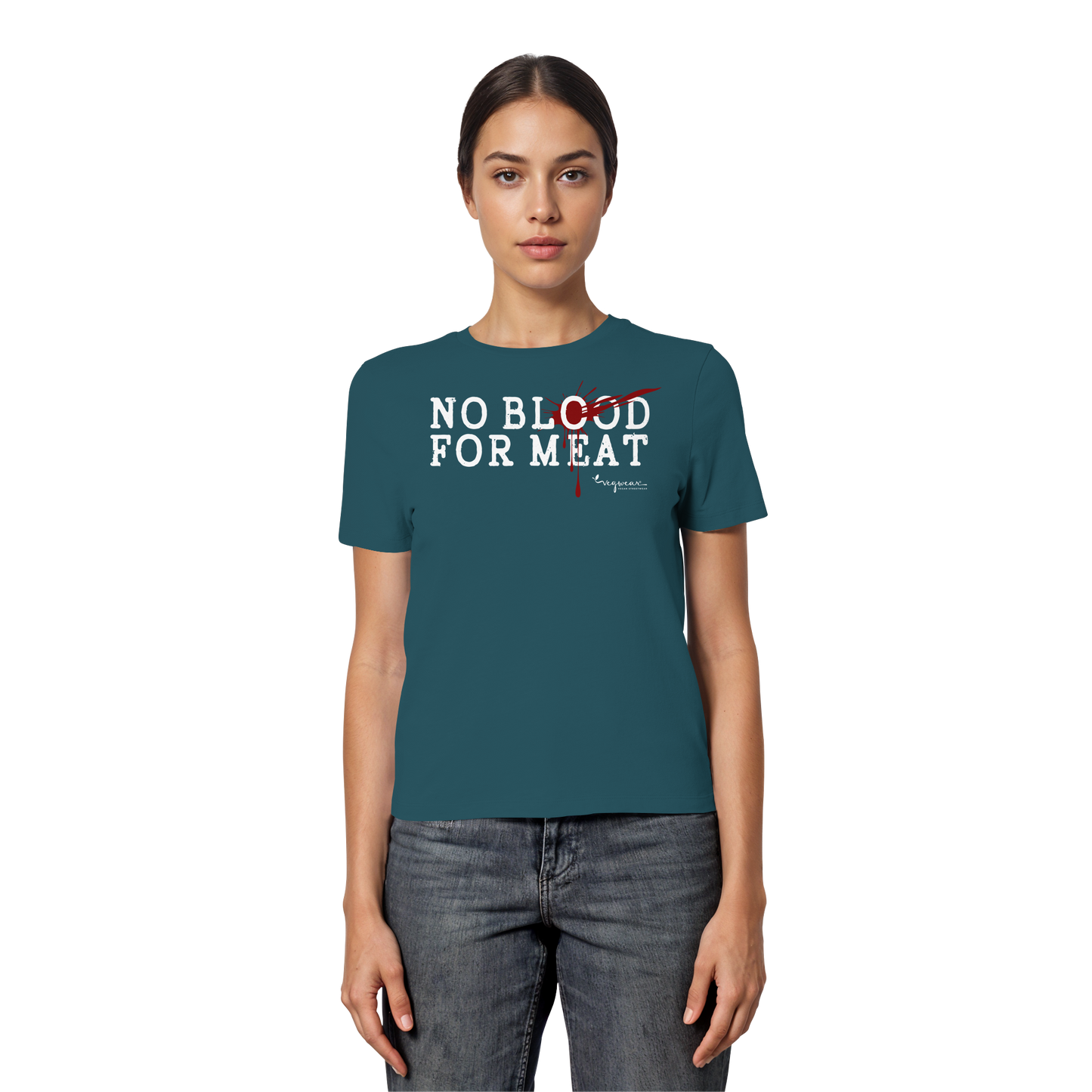 Kurzarm-T-Shirt für Damen: 'no blood for meat' T-Shirt | vegwear