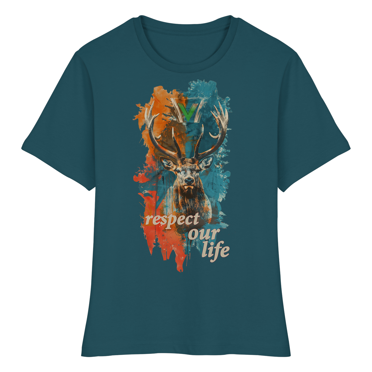 vegwear "respect our life - Hirsch" - eng geschnittenes Damen T-Shirt, bio, vegan, fair