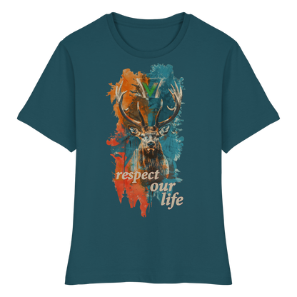 vegwear "respect our life - Hirsch" - eng geschnittenes Damen T-Shirt, bio, vegan, fair