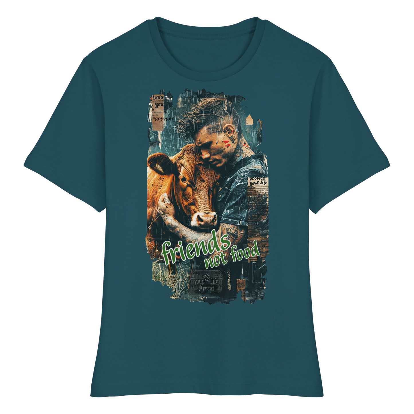 vegwear "friends not food" - eng geschnittenes Damen T-Shirt, bio, vegan