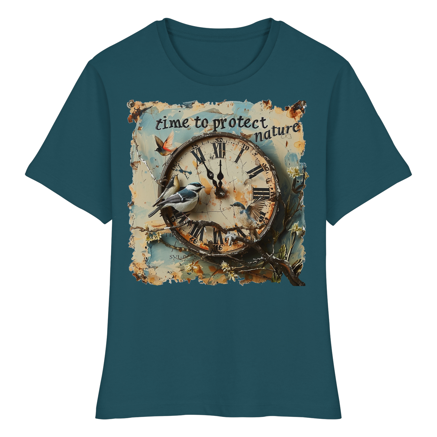 vegwear "time to protect nature" - eng geschnittenes Damen T-Shirt, nachhaltige Mode