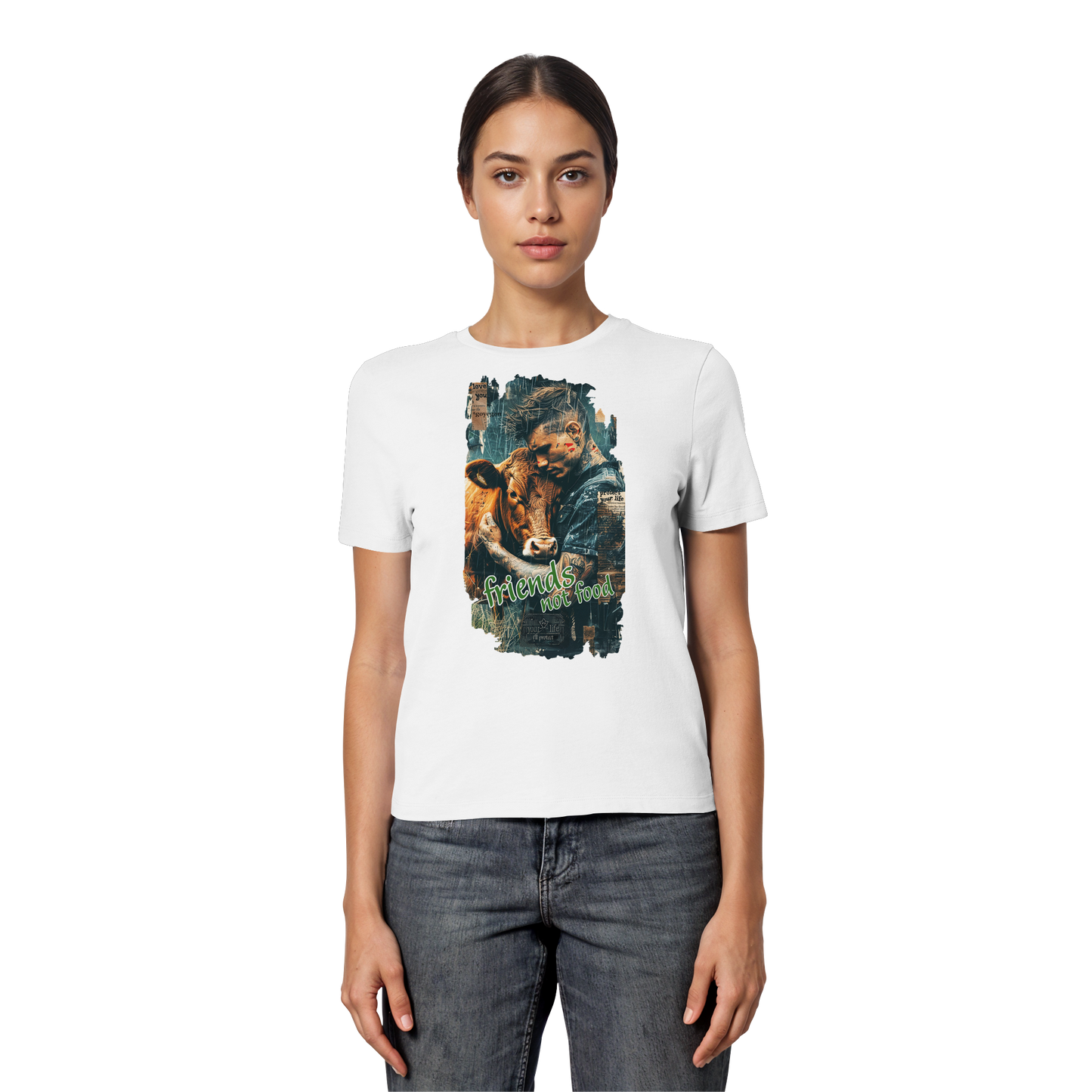 vegwear "friends not food" - eng geschnittenes Damen T-Shirt, bio, vegan